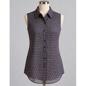 HM Navy Blue Medallion Print Sleeveless Button Down Blouse Top 06970509 Size 4